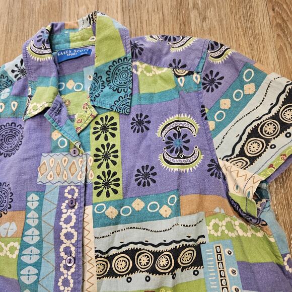 Vtg Karen Scott Floral Patchwork Button Up Top Womens PM Boho Retro Groovy Linen - Picture 3 of 8